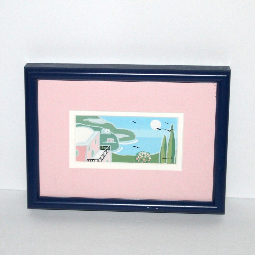 Original Gouache Art Signed Framed Mediterranean Sea blue green pink